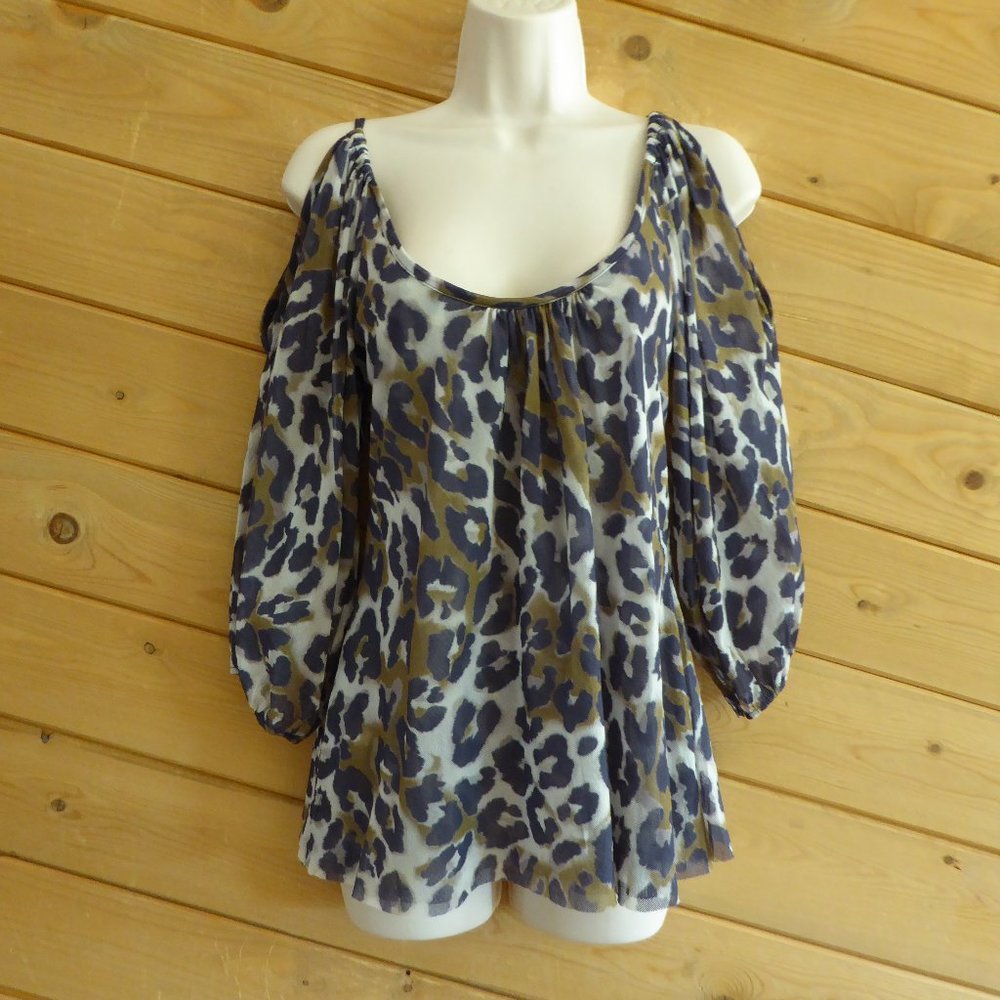 Johnny Heaven Sweet Pea Animal Leopard Print Open Cold Shoulder Blouse Shirt Top